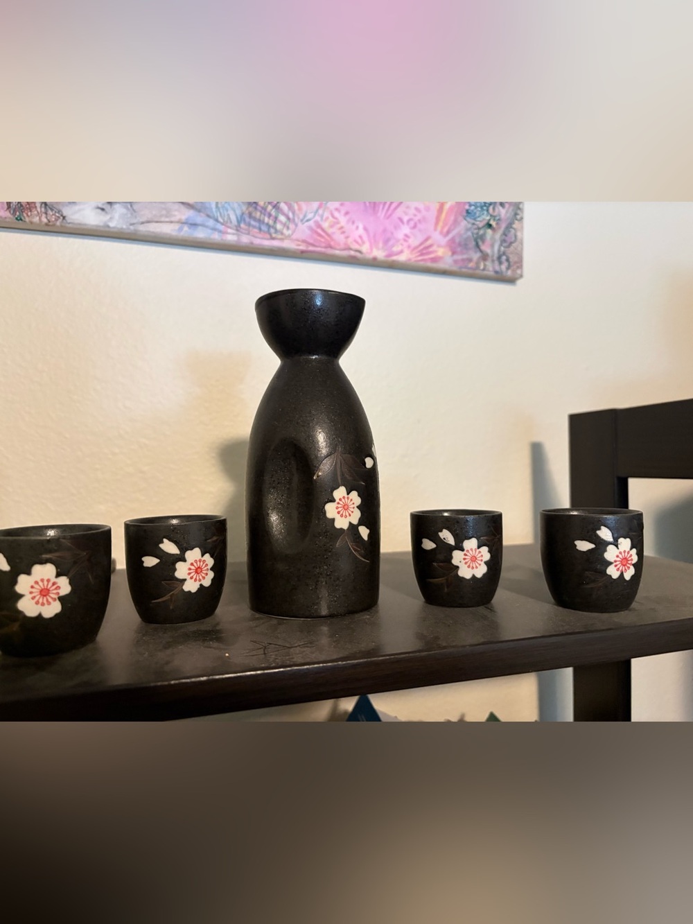 Black Ceramic Sake Set with Pink Floral Accents